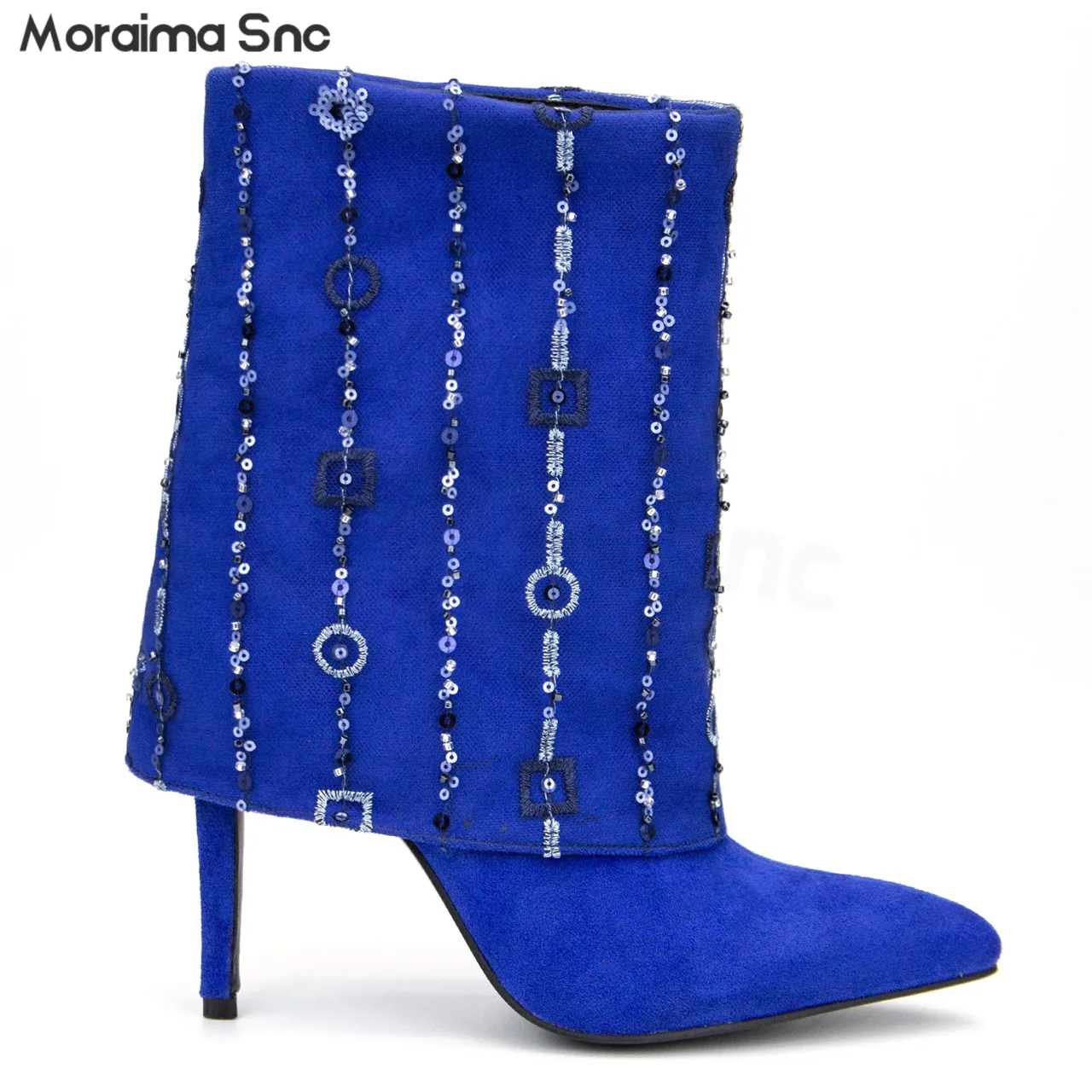 

Blue Sequin Embroidered Folding Boots Pointed Toe Fabric Beaded Embroidery Stiletto Stiletto Fashion Temperament Women's Boots
