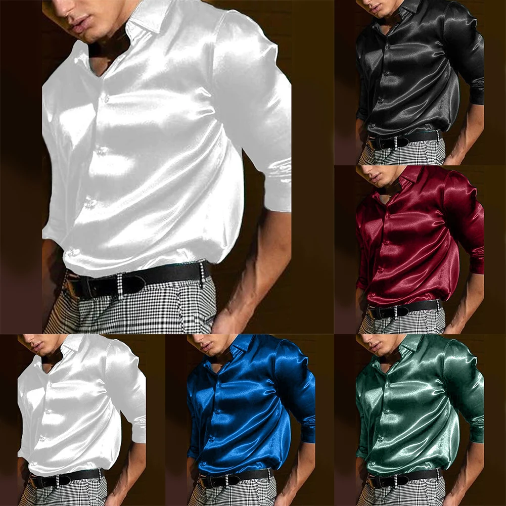 Casual-Men-s-Satin-Silk-Dress-Shirts-Long-Sleeve-Social-Single-Breasted ...