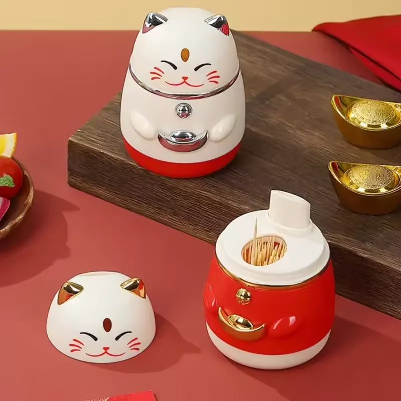Cute Cat Shape Toothpick Box Dispenser Pop-up Automatic Creative Pressing Type Spring Festival Gift Home Toothpick Storage Box