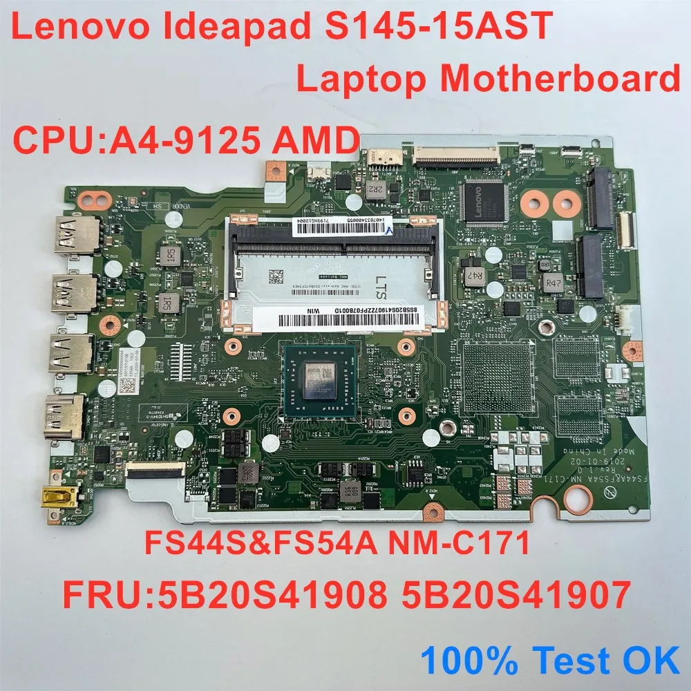 

NM-C171 Mainboard For Lenovo Ideapad S145-15AST Laptop Motherboard 81N3 CPU A4-9125 AMD FRU 5B20S41908 5B20S41907 100% Test Ok