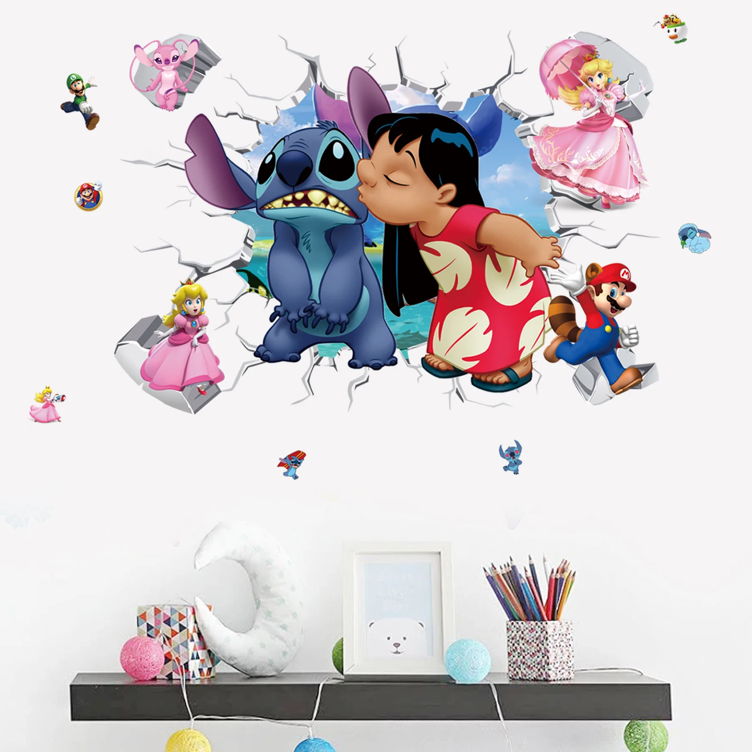 Cartoon Lilo & Stitch Rainbow Wall Stickers For Kid's Room Kindergarten Living Room Bedroom Wall Decoration Animated Poster wall stickers,luminous wall stickers,vinyl decal stickers