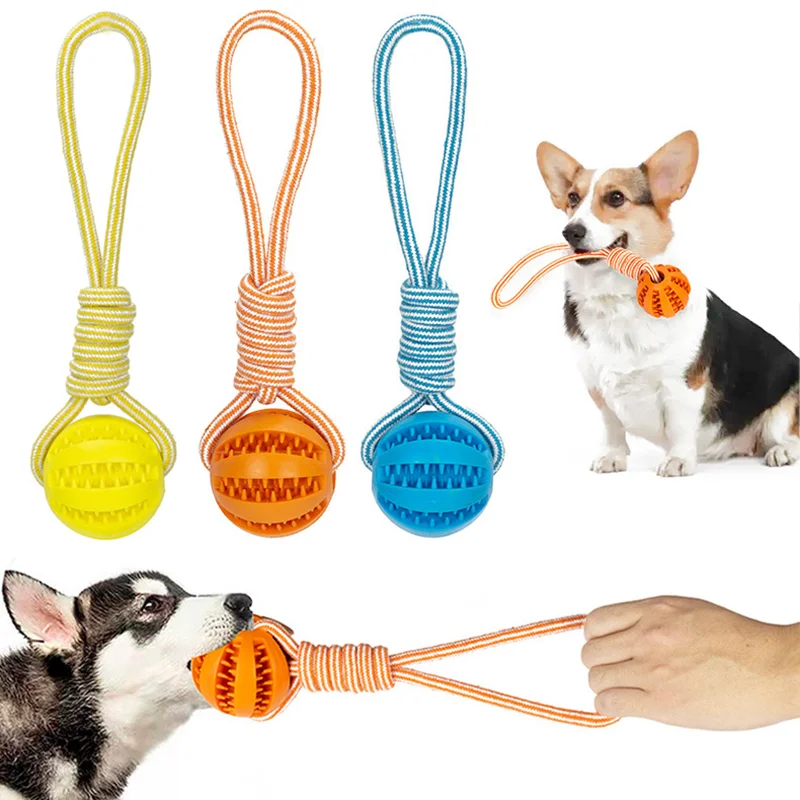 

Dog Toys Treat Balls Interactive Hemp Rope Rubber Leaking Balls for Small Dogs Chewing Bite Resistant Toys Pet Tooth Cleaning