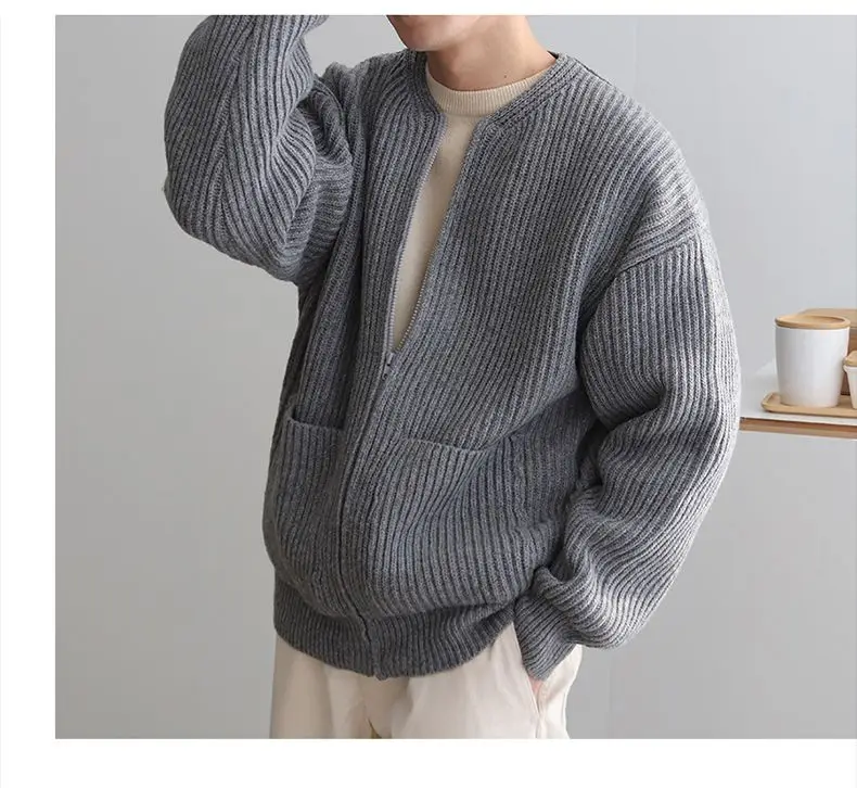 Autumn Winter Fashion Casual Men's Loose Tess Cool Boys Knitted Sweater Cardigan Coat Solid Patchwork Stripes Warm Zipper Coat