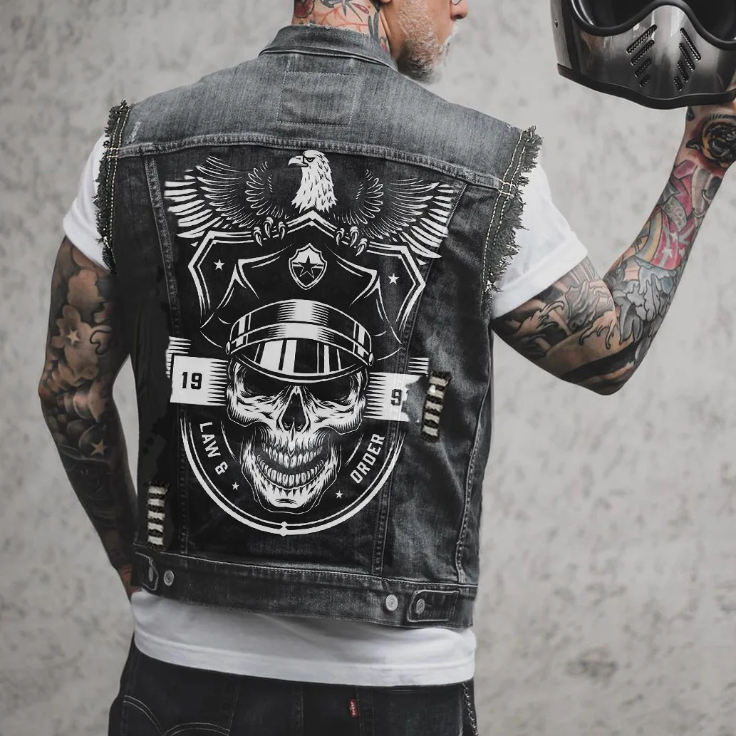 Men's Spring And Summer Four Seasons New Street Riding Motorcycle Punk Eagle Print Pattern Raw Edge Sleeveless Vest Denim Jacket