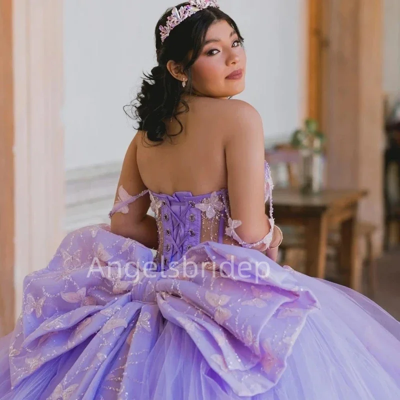 Angelsbridep Big Bow Lilac Ball Gown Quinceanera Dresses Butterfly Spaghetti Straps Vestidos De 15 A&ntilde;os Quincea&ntilde;eras