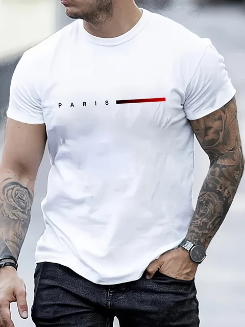 Men's 100% Polyester summer loose PARIS Creative Letter print casual slim fit round neck short sleeved T-shirt top 2