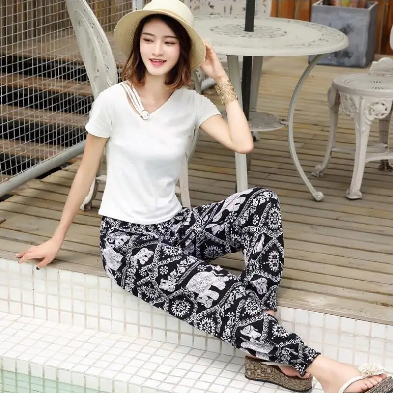 Beach Pants Women Cotton Silk Thin Thai Yoga Lantern Pants Spring Summer Anti-Mosquito Pants Elephant Print Retro Motion Leisure 1pcs 50g tiger balm massage cream refresh oneself influenza cold headache dizziness summer mosquito thai herbal balm