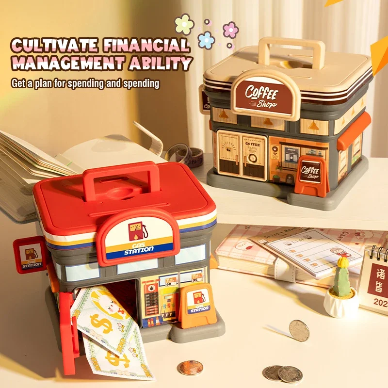 Creative Moneybox Coffee Store Gas Station Children's Diy Piggy Bank Save Money Coin Piggybank Toys Puzzle Toys Christmas Gifts