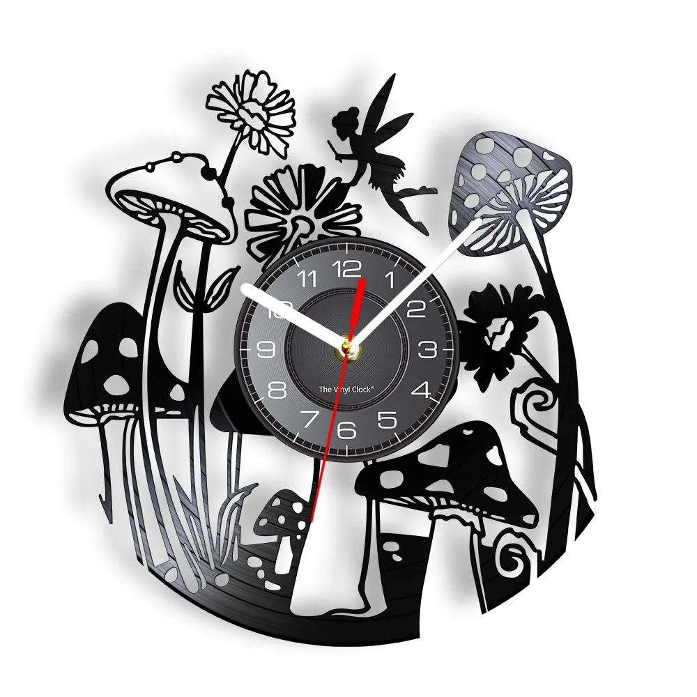 

Fairy Garden Mushroom Vinyl Record Wall Clock For Nursery Kids Room Botanical Nature Home Decor Toadstool SIlent Quartz Clock