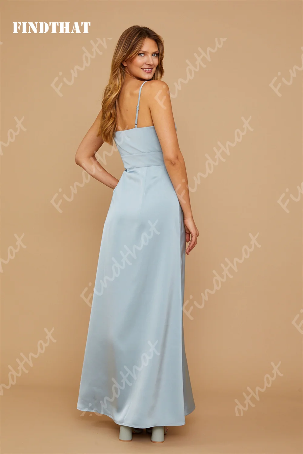 Findthat Simple Spaghetti Strap Bridesmaid Dresses for Women V-Neck Silk Satin Evening Party Gowns A-Line FLoor-Length