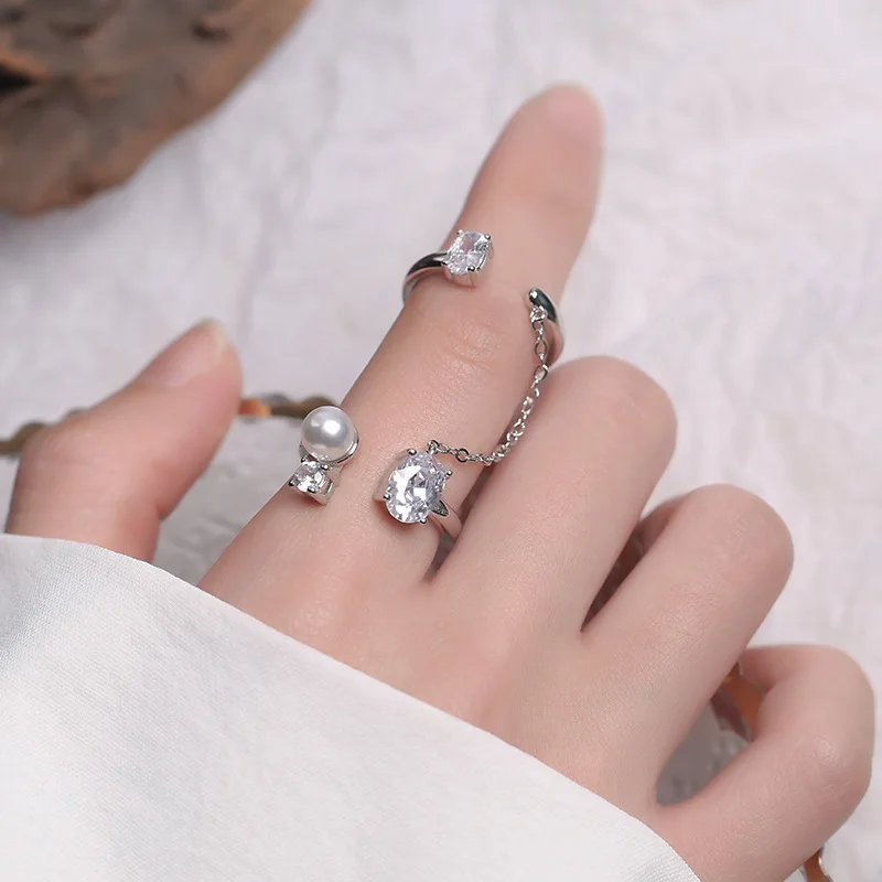 

925 Sterling Silver Combination Open Rings Pearl Zircon Long Tassel Chain Finger Ring for Women Girls Fashion Party Jewelry