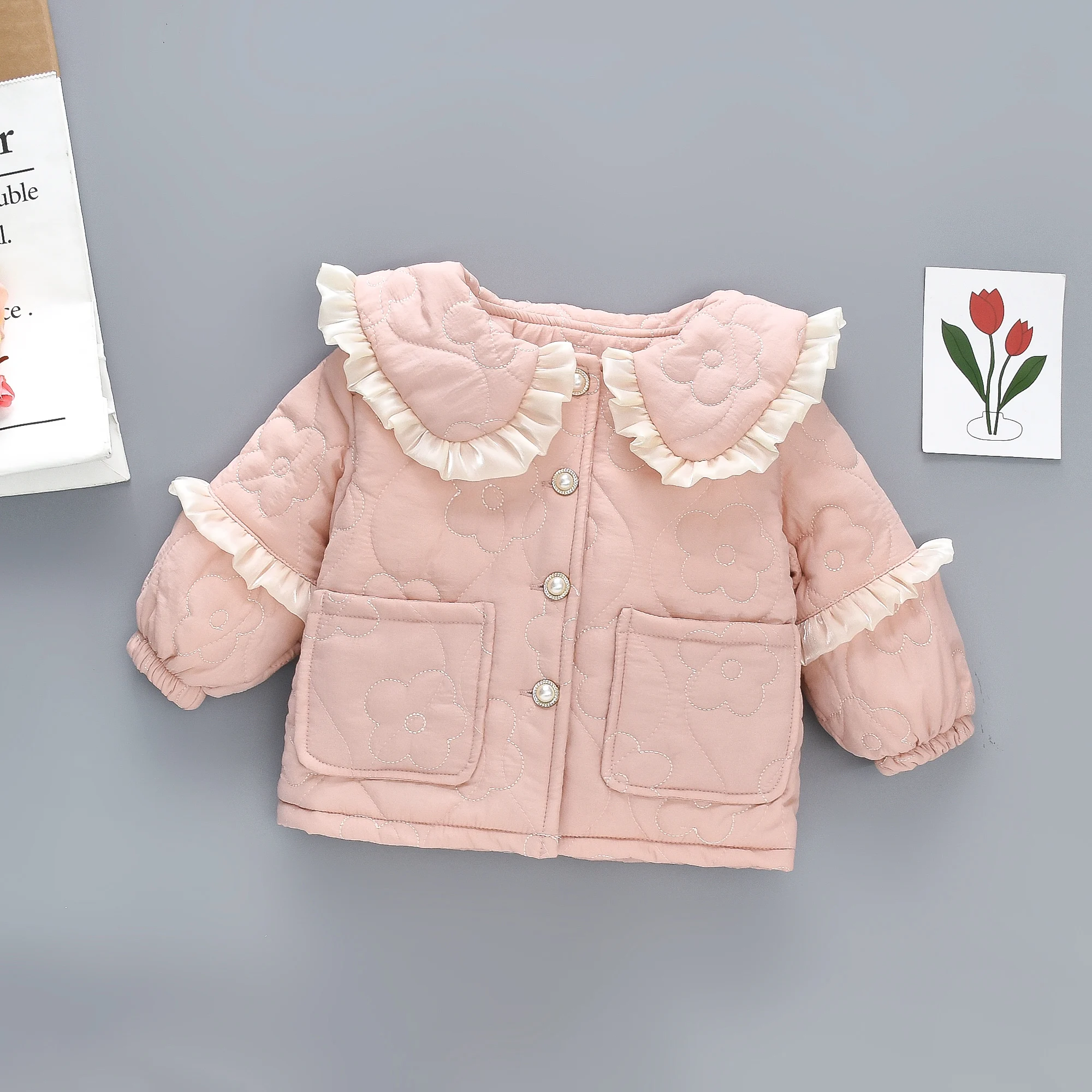 Autumn and Winter New Girls' Folded Edge Large Turnover Collar Cotton Coat for Children's Flower Yarn Plush Cotton Clothes