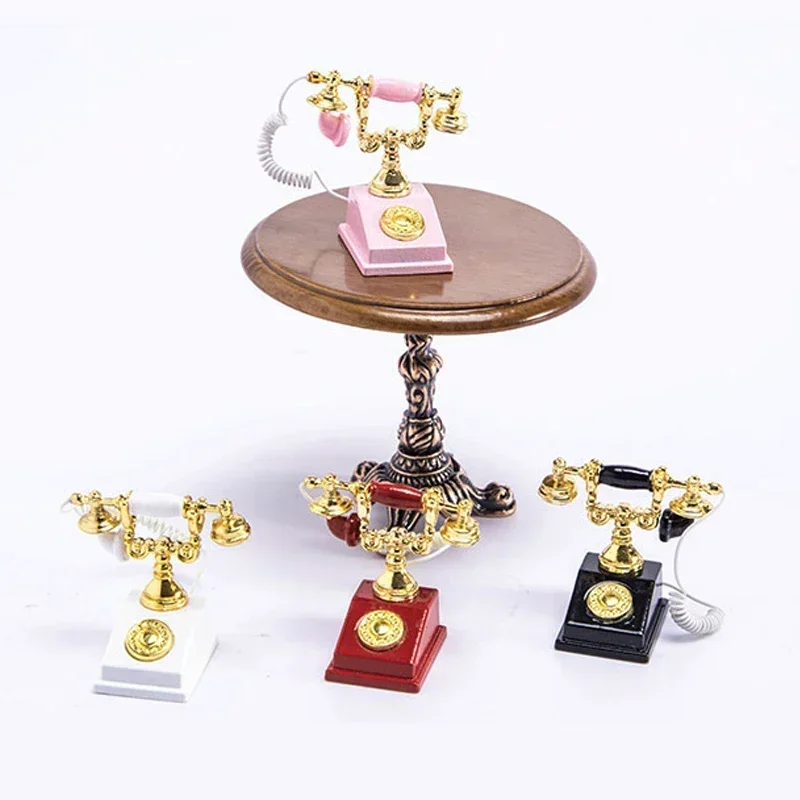 1:12 Home Decor Figurines Alloy Vintage Rotary Telephone Mini Retro Phone Model Miniature Phone Dollhouse Baby House Accessories 1