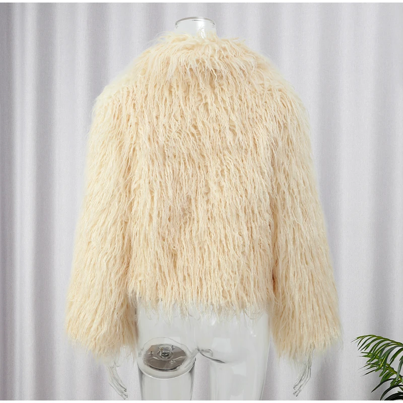Elegant Solid Color Thick Faux Fur Coats Women Round Neck