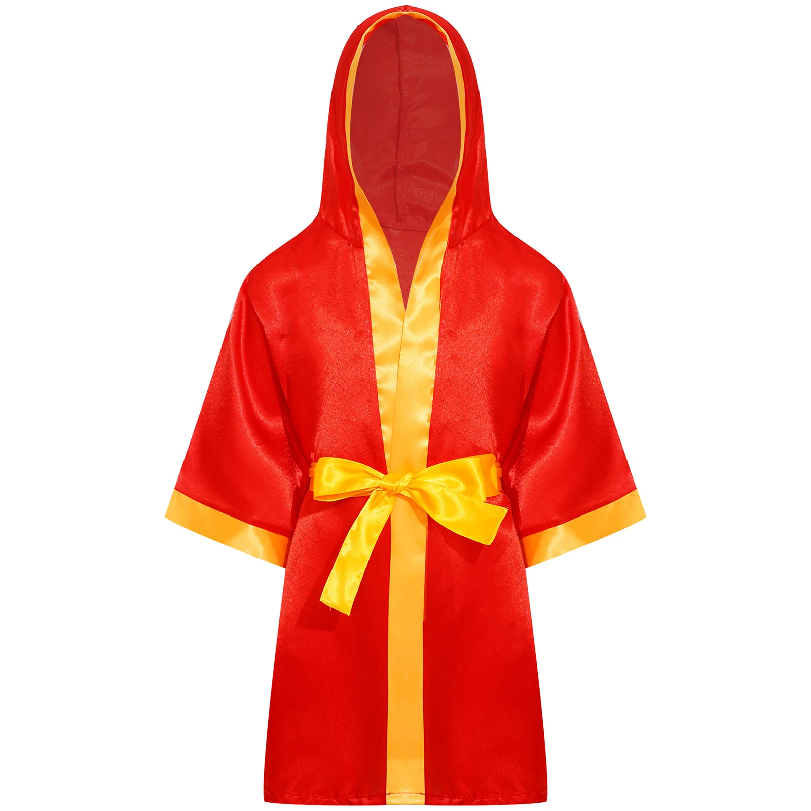 Kids Boys Thai Boxing Robe Boxer Kickboxing Sportswear Satin Hooded Robe Boxing Cloak with Belt Practice Halloween Costume