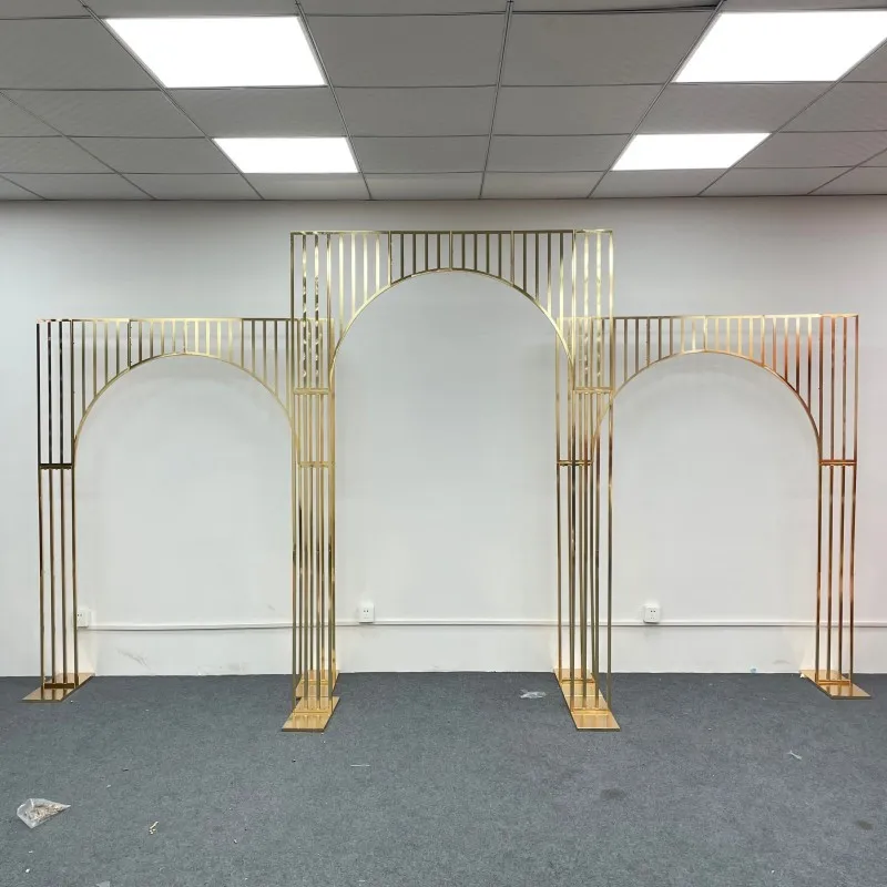 Wrought Iron Screen Arch Gilded Shelf, Wedding Backdrop Decor, Geometry Props, Artificial Flower Stand, Shiny Frame, 3Pcs