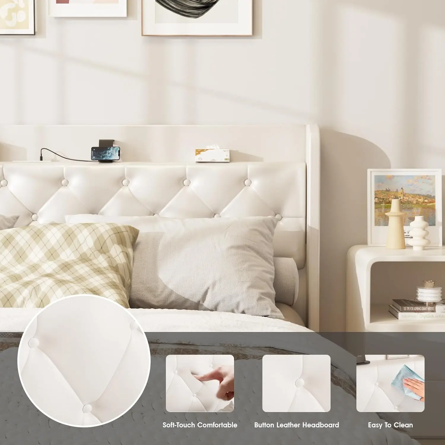 2025 White King Size Floating Bed Frame with LED Lights, Upholstered PU Leather Platform Bed Button Tufted Headboard Storage 5