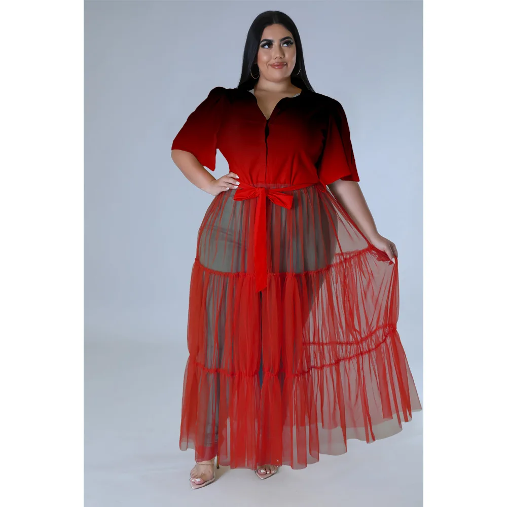 Plus Size Women Party Dress Tie Dye Mesh Elegant Dress Female Fashion Blouse Casual Graffiti Gowns 2022 Summer Belt Outfit