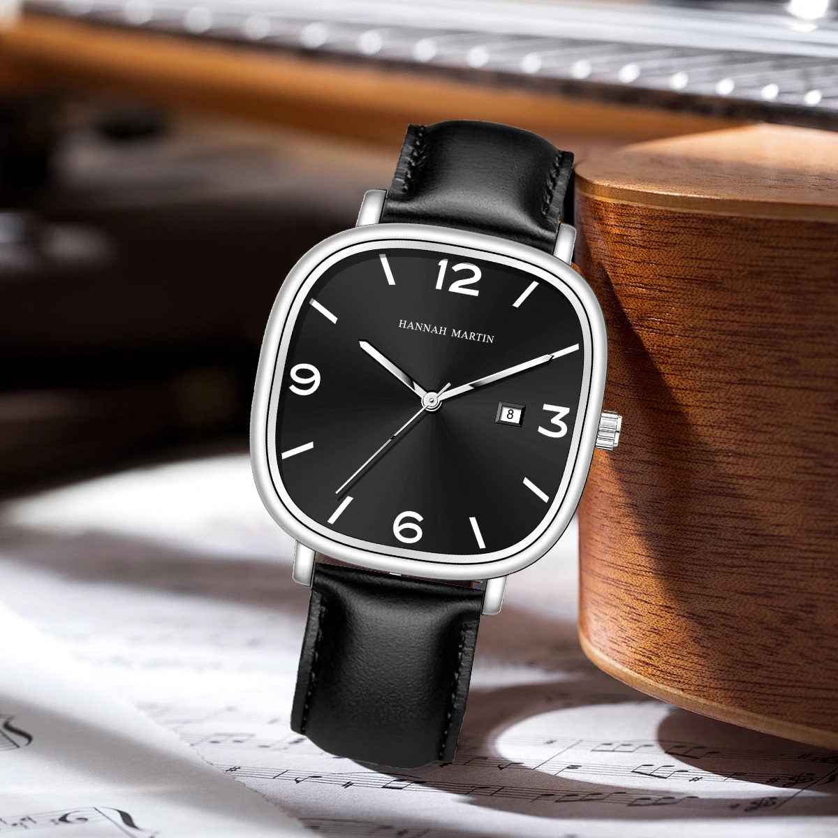 Hannah Martin Top Brand Black Leather Watch Original Quartz Movement Casual Business Style Square Fashion Men's Gift Wrist Watch 2