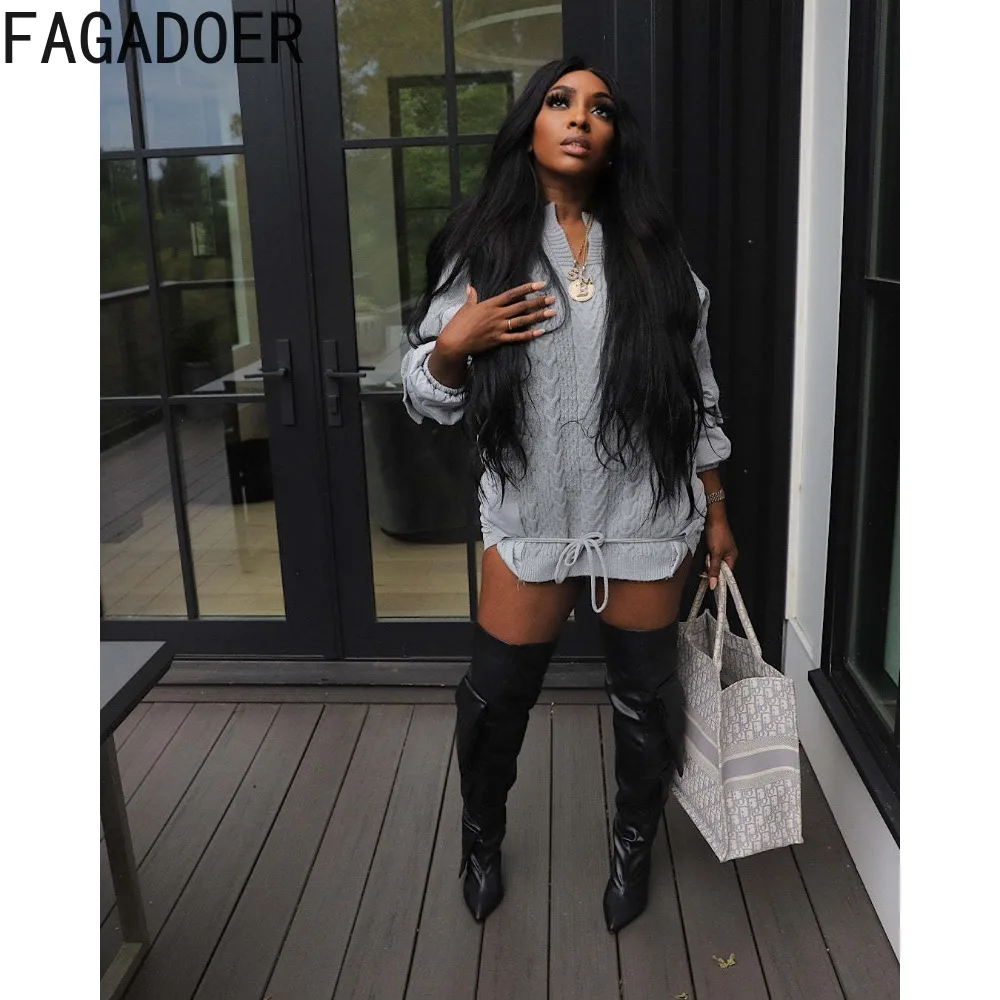 FAGADOER Autumn Winter Knitted Drawstring Patchwork Coats Women V Neck Long Sleeve Loose Cotton Clothes Casual Female Streetwear