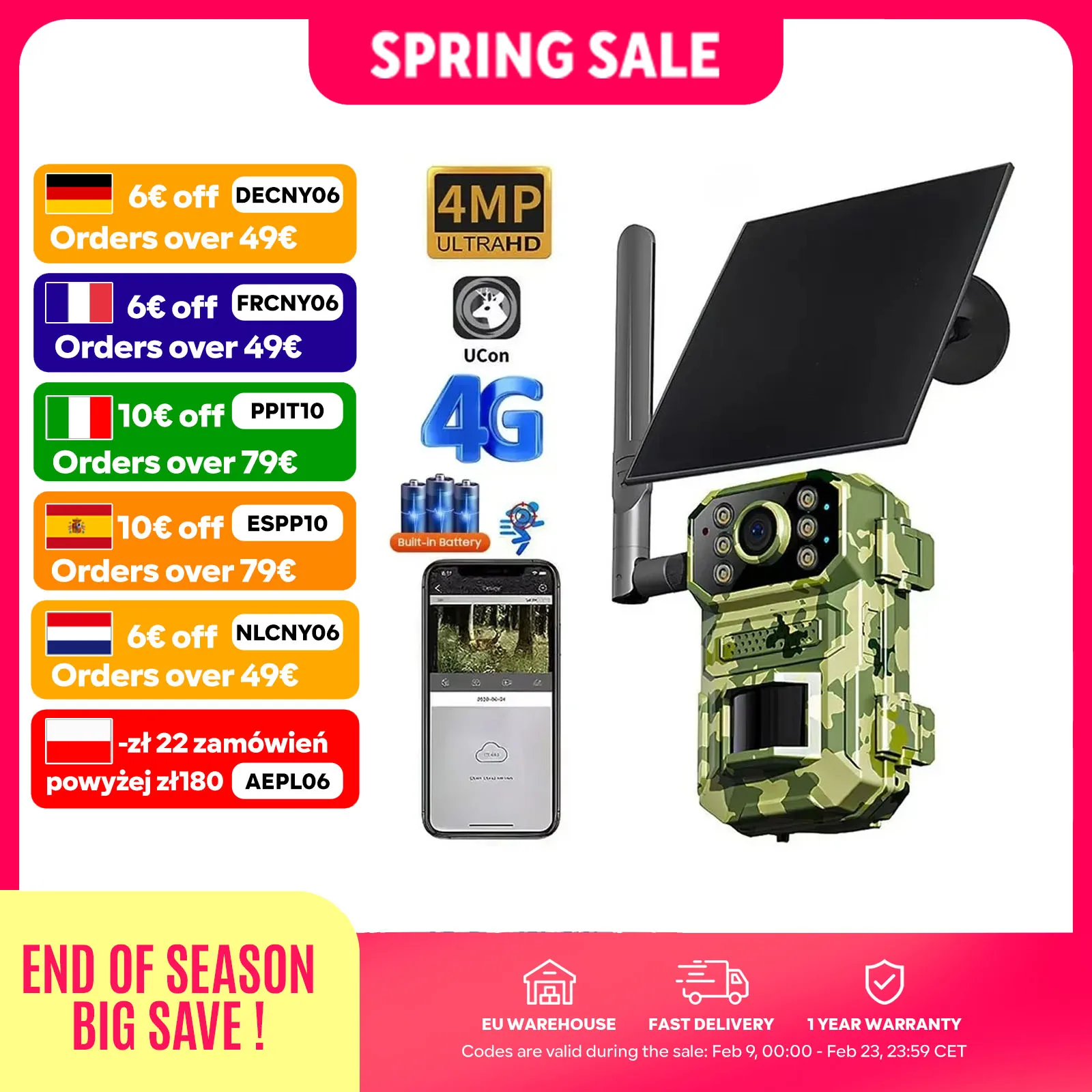 Caméra de chasse solaire 4MP 4G avec carte SIM - Détection PIR et vision nocturne infrarouge