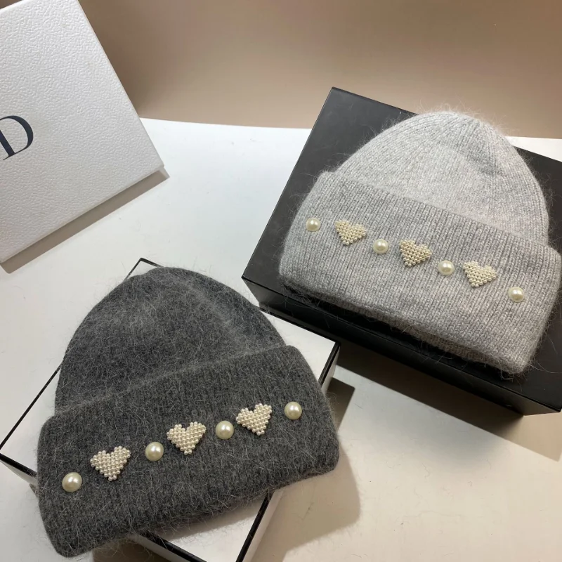 

Small Fragrant Pearl Love Beanies Autumn Winter Korean New Sweet Age Reducing Rabbit Hair Knitted Hat Warm Double Fold Version