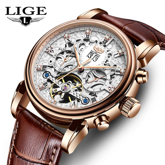 LIGE-Relógio Mecânico Automático Esqueleto para Homens, Relógio Impermeável, Pulseira de Couro, Presente, Relógio Masculino, Marca Top, Design de Luxo