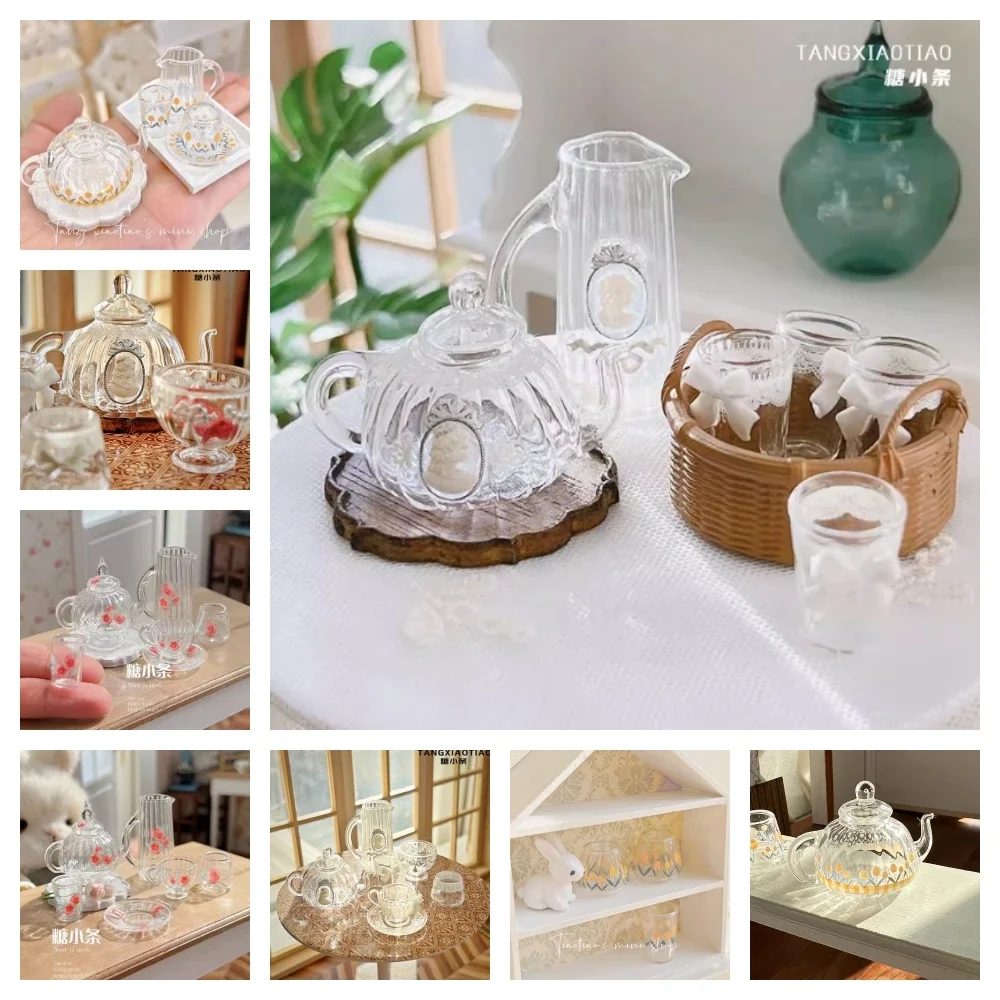 

12points Doll House Glass Teapot 6points Tulip Water Cup Rose Kettle Blythe Scene Layout Decoration OB11 Miniature Food Play Cup