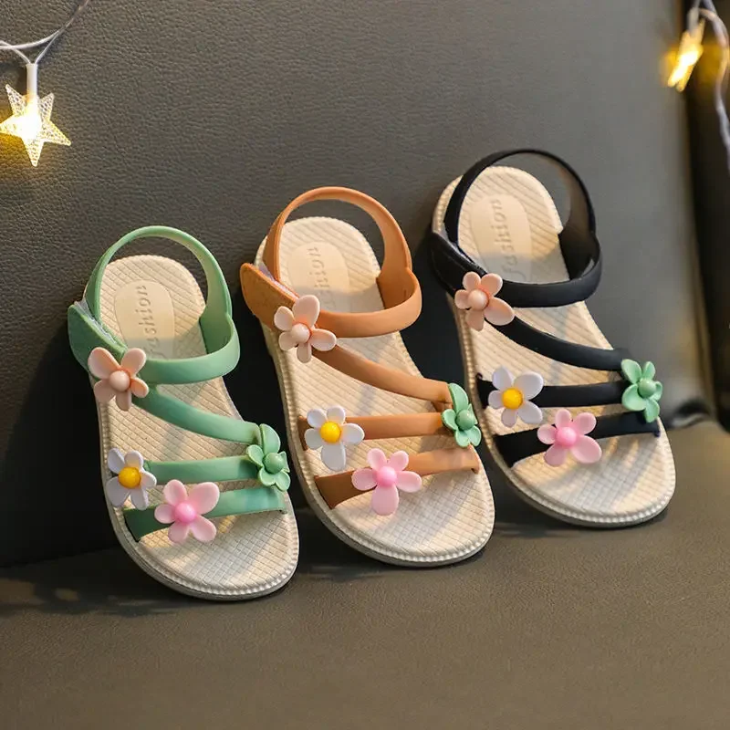 

Summer Little Girls Sandals New Flower Simple Cute Pink Green Children Sandals Toddler Baby Soft Casual School Girl Shoes