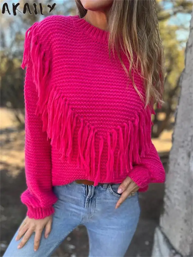 

Черный осенний Свободный вязаный свитер Akaily с бахромой, повседневный женский свитер для отпуска 2023, свитер с длинным рукавом и круглым вырезом, модный топ