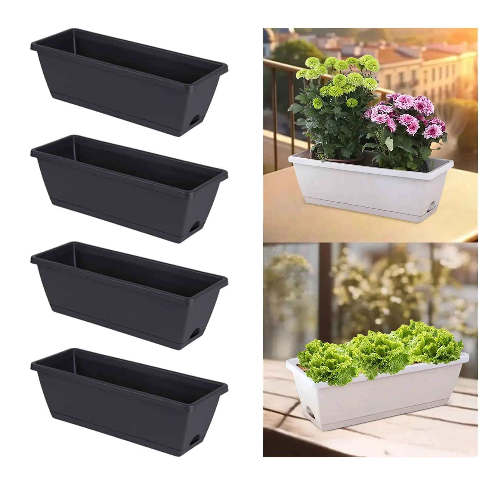Flower Pot Plant Pot 4x Window Box Planter Garden Flower Plant Pot Windowsill Trough Rectangular Pots Vegetables Growing Container for Yard Porch