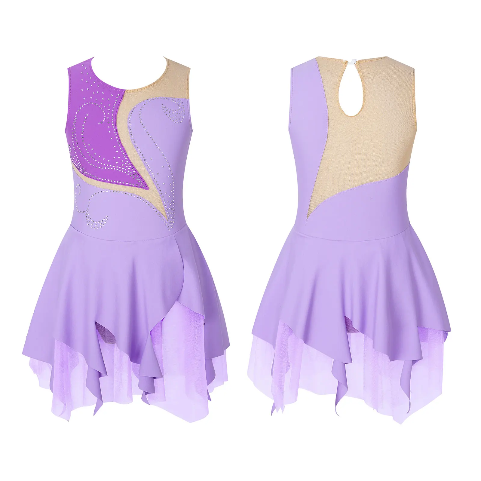 thumbnail image 1 of Traje de patinaje sobre hielo para niñas con brillantes diamantes de imitación, maillot de ballet, vestido de baile lírico con dobladillo irregular, vestido de tutú y leotardo, 1 of 5