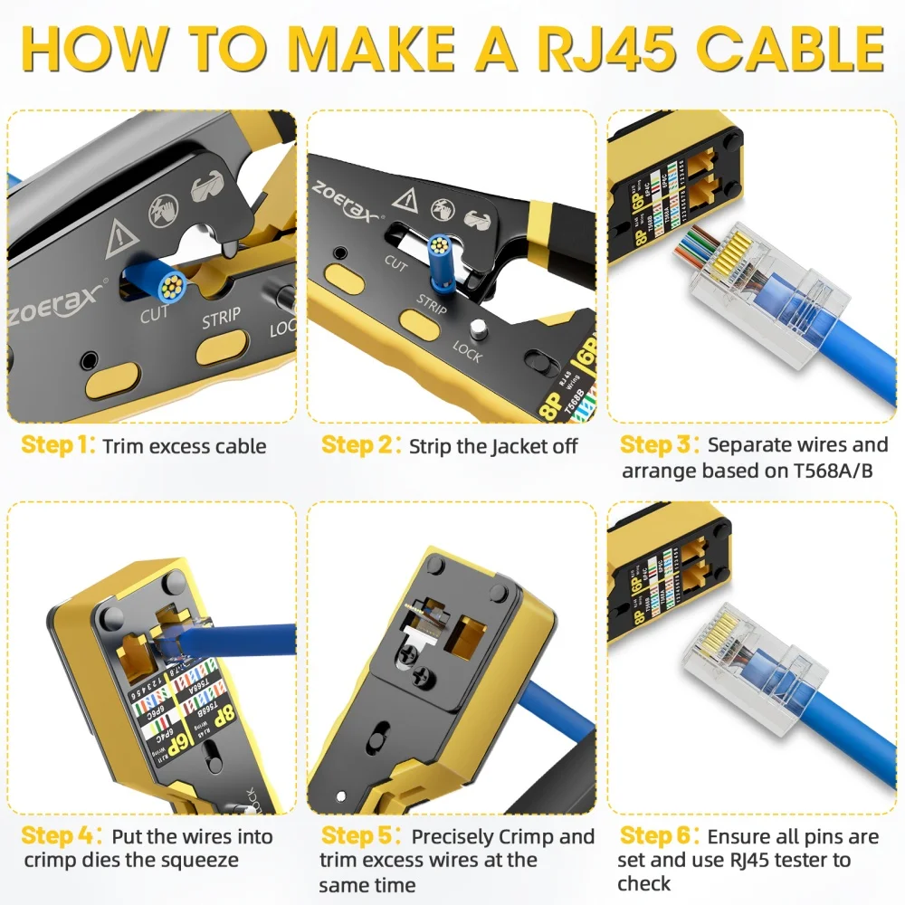 ZoeRax RJ45 CAT6 Crimp Tool Pass Through Crimper Cutter for Cat6 Cat5 Cat5e 8P8C Modular Connector Ethernet All-in-one Wire Tool — view 6