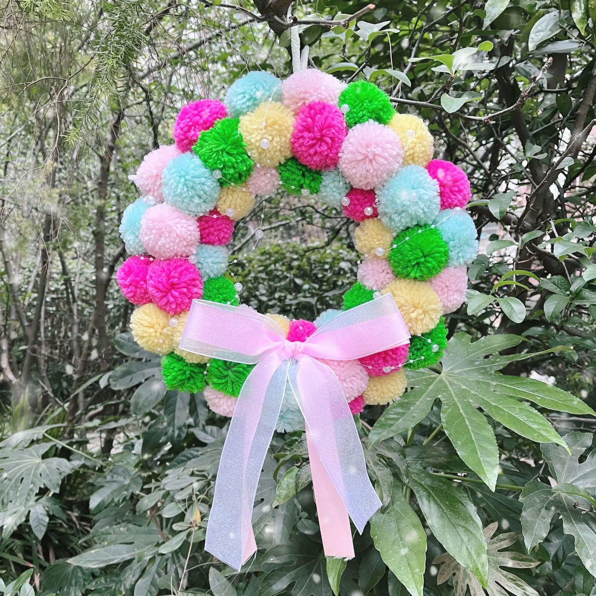 easter Wreath Felt Pom Pom Wreath Balls 11.8 Inch Decorations Colorful Felt Ball