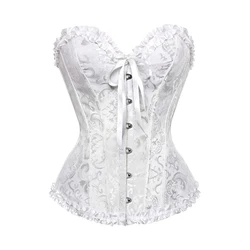 BurVogue Women's Lace-Up Floral Boned Overbust Corset Lingerie - XXL (White)