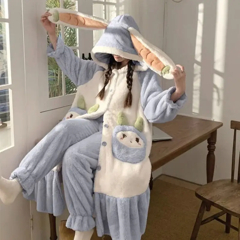 Coral Velvet Night-Robe Women Fleece-lined Thickened Autumn Winter Warm Cartoon Hooded Nightclothes Suit Female Flannel Homewear