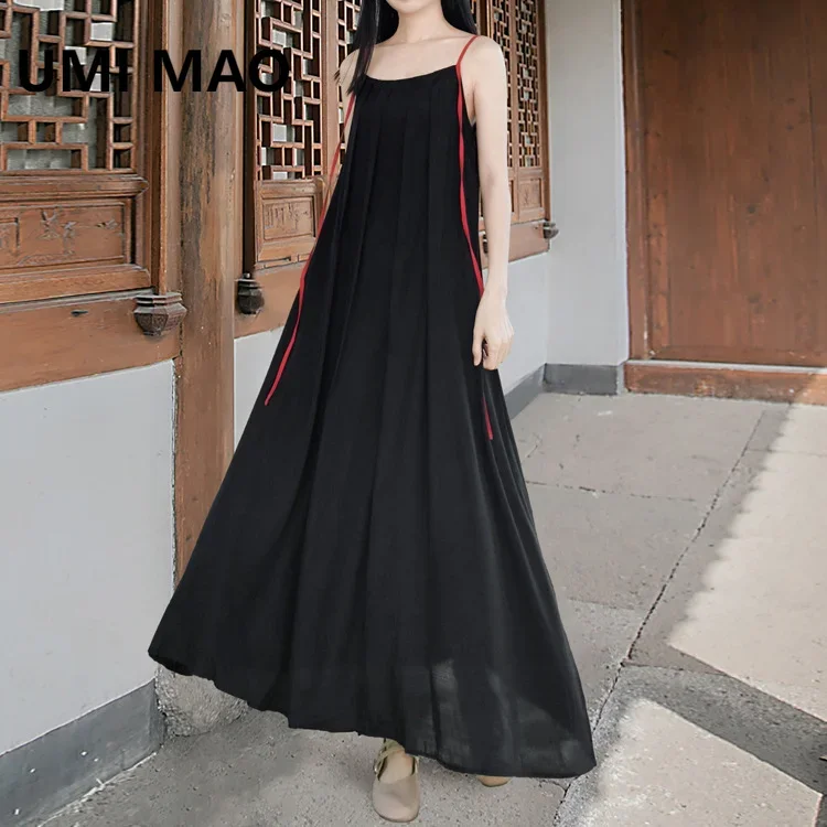 

UMI MAO Dark Style Dress Elegant Plain Pattern Copper Ammonia Silk New Chinese Color Contrast Art Sling Dresses Femme