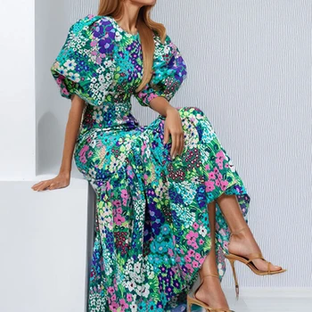 Early Spring New O Neck Fit Mermaid Dress Fashion Lady Party Pleated Dress Temperament Lantern Sleeve Print Wrap Hips Long Dress 1