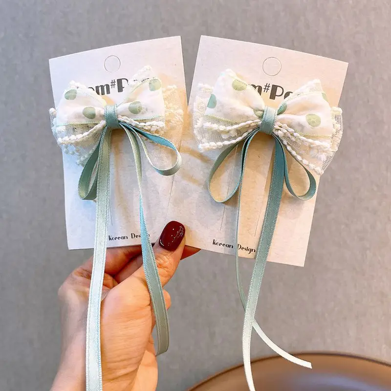 2-teiliges Haarspangen-Set für Mädchen, gepunktetes Garn, Spitze, Schleife, Band, niedlich, Kawaii, süße Haarspangen, modische Haar-Accessoires für Kinder