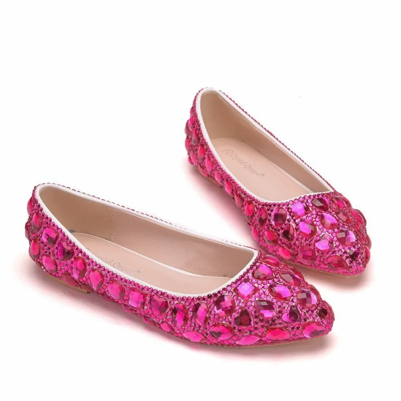 Girl Pink Rose Rhinestone Shoes Pointy Plus Size Flat Crystal Wedding Dress Bridesmaid Flat Shoes Women 5