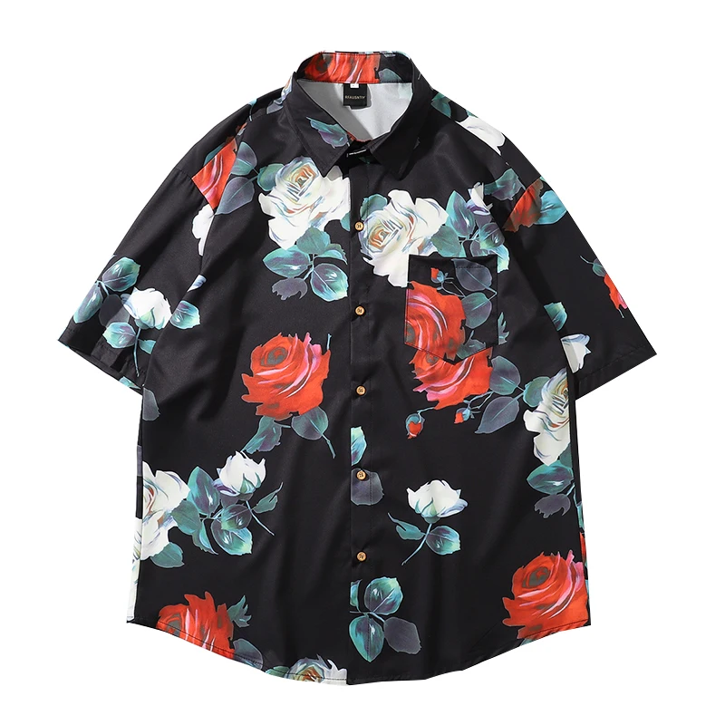 

Shirts Men's Single Breasted Rose Print Short Sleeved Shirt Loose Jacket Turndown Collar Summer Casual Buttons Floral Tops