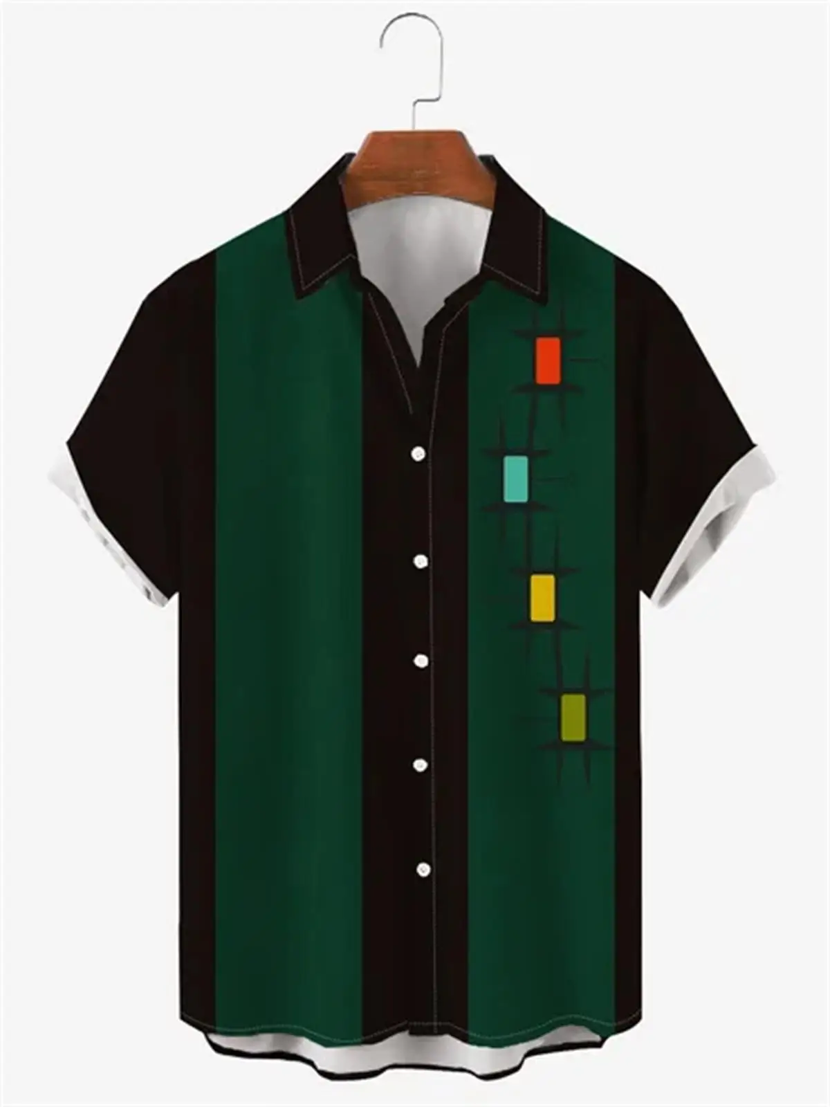 Hawaiian Men's Short Sleeved Shirt, Casual Stripe Printed National Style, Retro, Lapel, Open Button, Beach Top 6