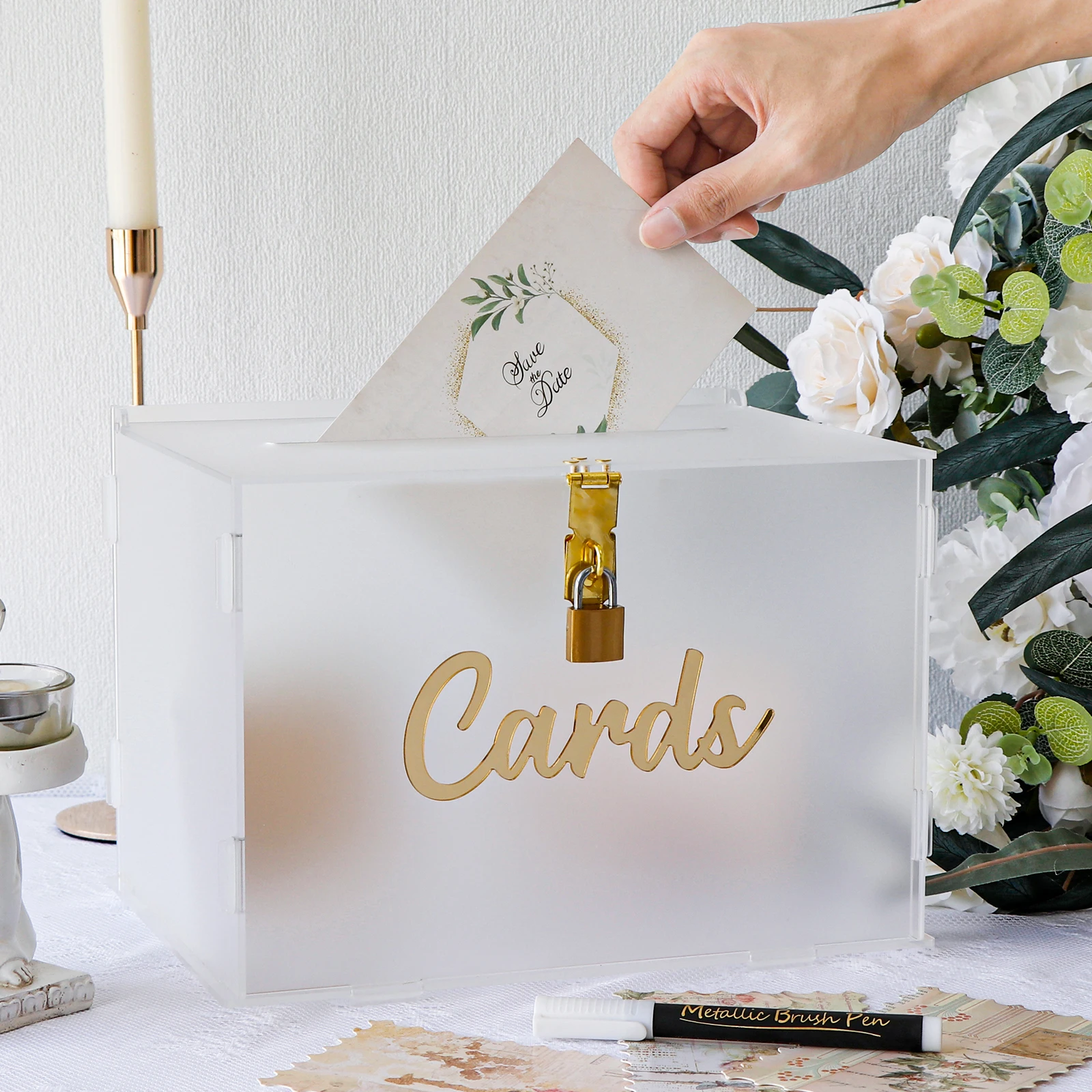Frosted Acrylic Wedding Card Box with Lock DIY Gift Card Box with String Light and Envelope Money