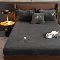 3pcs Flannel Solid Color Fitted Sheet Set Bedroom Colorful Letter Embroidery Bed Covers Children Autumn Winter Warm Grey Bedding 2