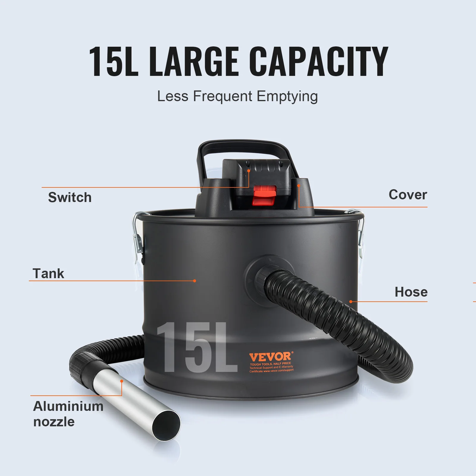 VEVOR Ash Vacuum Cleaner Powerful Suction Fireplace Vacuum with Reverse Suction Power Cable 10 Kpa Max. Vacuum for Fireplaces 3