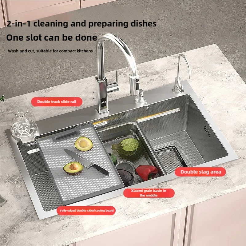 Silver Stainless Steel Kitchen Sink 304 Multifunctional Large Single Slot Household Dishes Fruit and Vegetables Wash Basin