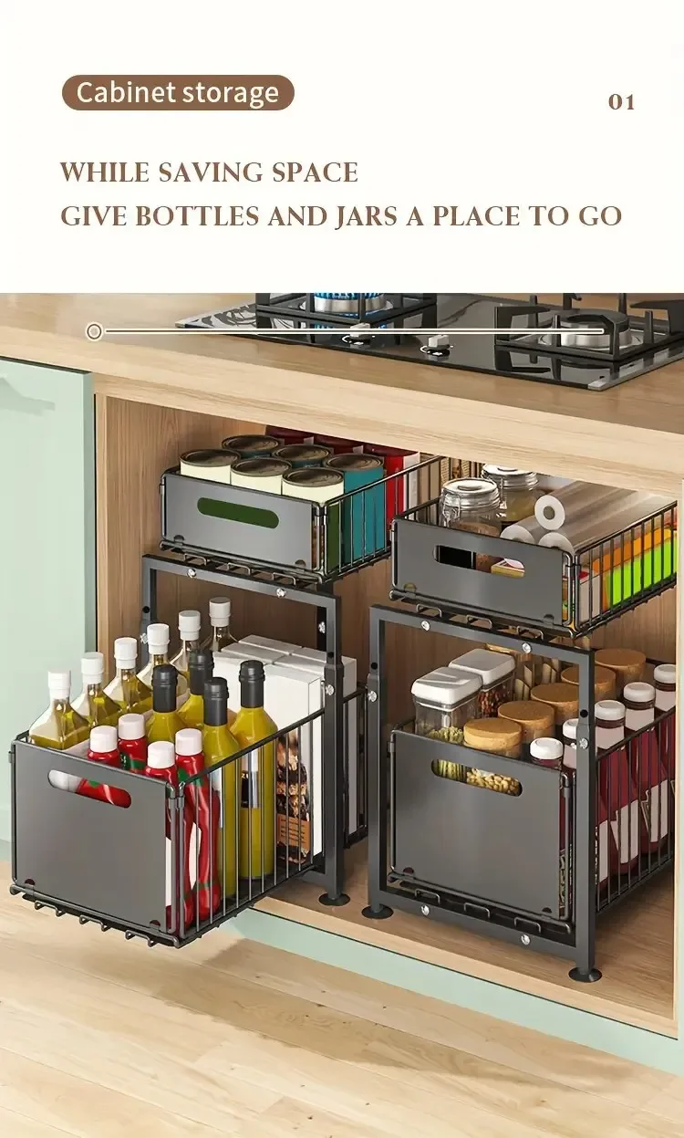Description Picture 4 of item2 Tier Kitchen Under Bathroom Sink Organizers Pull-Out Cabinet Shelf Organizer Storage Rack Sliding Cabinet Basket Kitchen Items