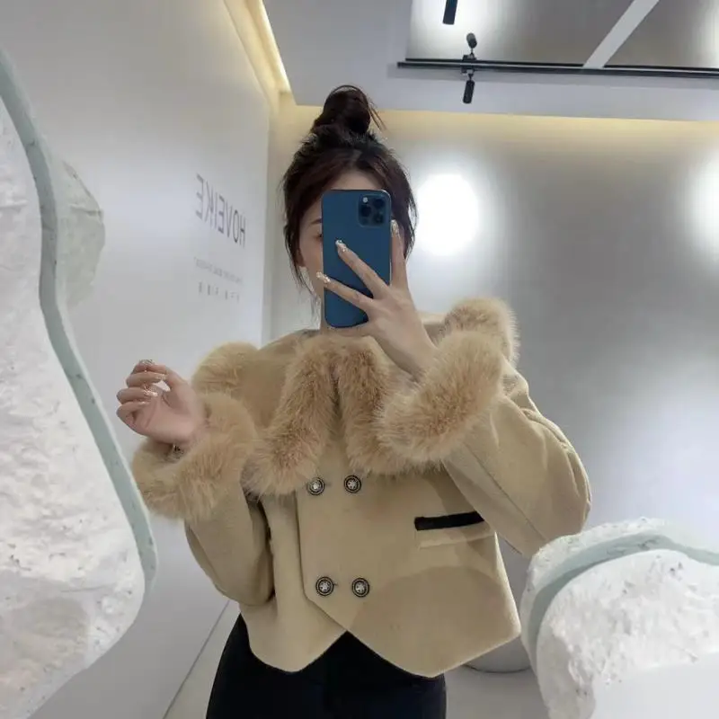 여성 가을 ??겨울 기질 회색 살구 두꺼운 모직 코트 짧은 모직 재킷