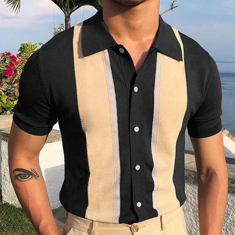 Men's summer business knit short sleeve polo shirts streetwear button-down breathable striped fashion light luxury retro shirts polo shirt