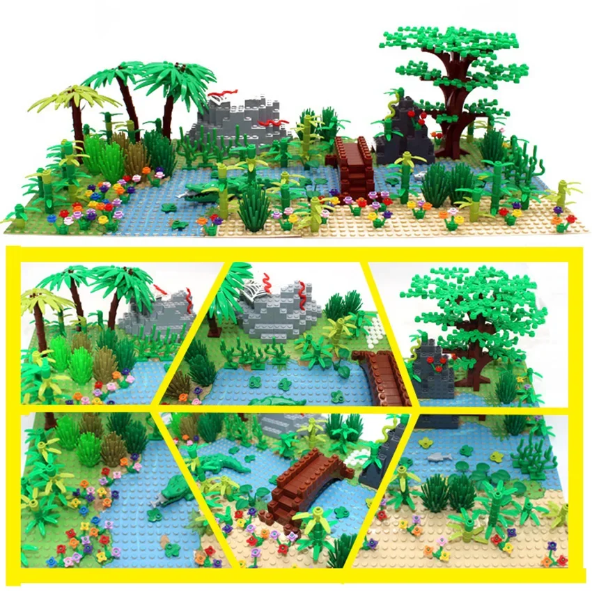 

MOC RainForest Jungle Wild Animals Bush Flower Tree Plants Baseplate Construction Bricks Building Blocks Assemble DIY Toys Gift